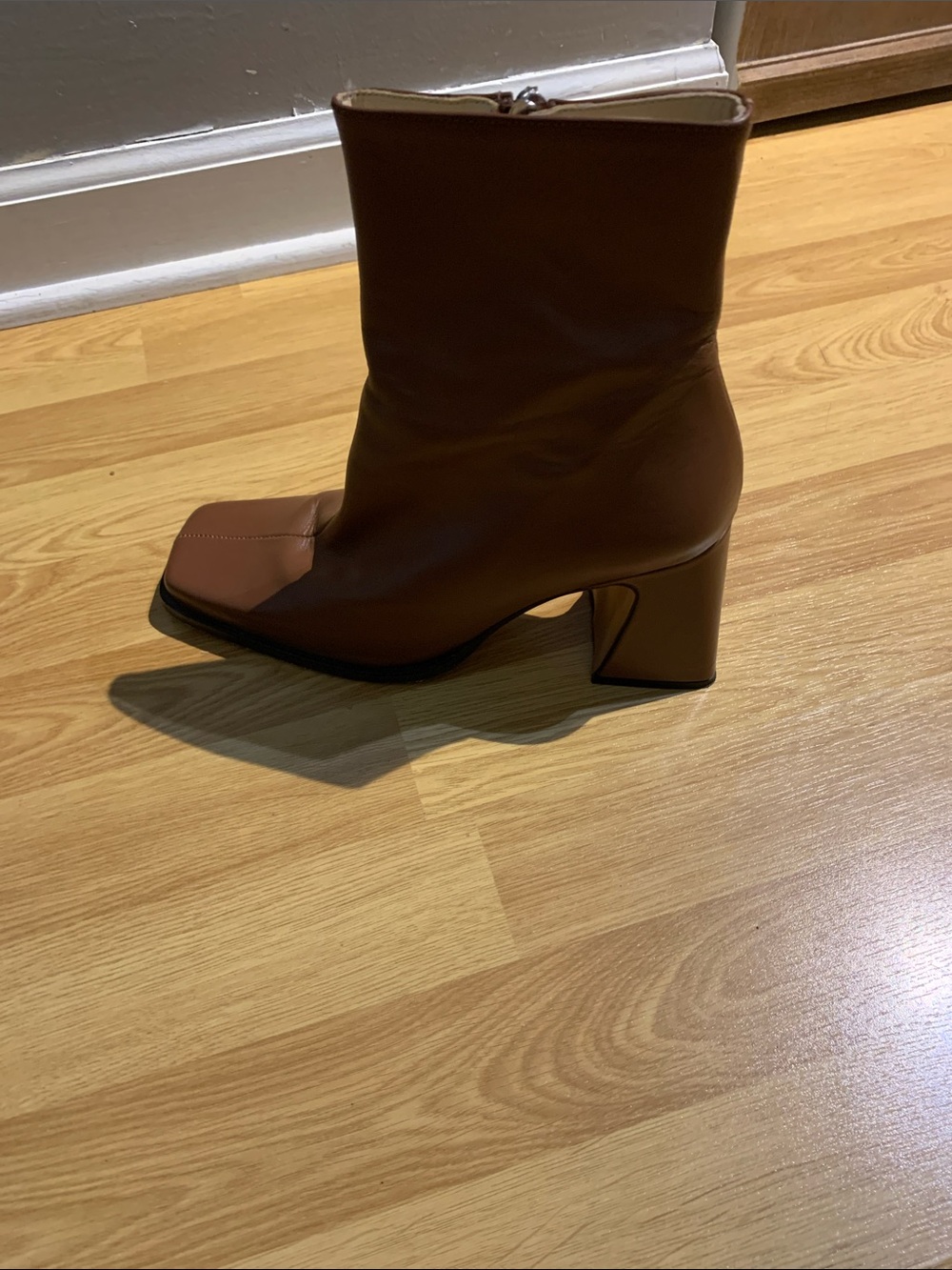 Women's Cognac Square-Toe Block Heel Ankle Boot